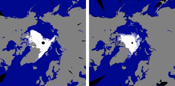 北極海の海氷密接度分布　左：2007年9月24日Aqua/AMSR-E（アクア/アムサー・イー）と右：2012年8月24日「しずく」/AMSR2（アムサー・ツー）[検証中]（画像：JAXA）