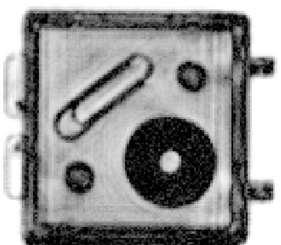 パイオニアとロームが、テラヘルツ波の発振・検出に共鳴トンネルダイオードを用いたテラヘルツイメージングに世界で初めて成功した。写真は、不透明樹脂ケース内に収納されたクリップやコインなどの透過画像。