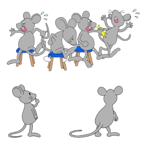 今回の実験では、椅子取りゲームのような「社会的競争状態」をマウス実験で再現するため、マウスが飼育装置の中にある四つの水飲み場に殺到し大勢で奪い合う状況を作り出した。幼若期において社会隔離ストレスを受けた雄マウスは、この「椅子取りゲーム」に参加したがらないことがわかった（東京大学の発表資料より）