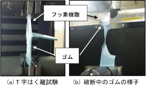 大阪大学の研究チームが開発した手法で接着したポリテトラフルオロエチレン（PTFE）とブチルゴムの剥離試験中の様子（大阪大学の発表資料より）