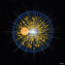 新星爆発の想像図。新星爆発(古典新星)は白色矮星(図中央右側)と伴星(同左:太陽のような主系列星もしくはそこから進化した赤色巨星)からなる連星系で起こる爆発現象だと考えられている(国立天文台の発表資料より) 新星爆発の想像図。新星爆発(古典新星)は白色矮星(図中央右側)と伴星(同左:太陽のような主系列星もしくはそこから進化した赤色巨星)からなる連星系で起こる爆発現象だと考えられている(国立天文台の発表資料より)