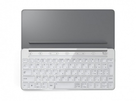多目的カバーにタブレットやスマホを立たせればPCとして活用できる「Microsoft Universal Mobile Keyboard」。グレイカラー。（日本マイクロソフト発表資料より）
