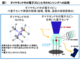 ダイヤモンド中の電子スピンとそのセンシングへの応用のイメージを示す図(NTTなどの発表資料より) ダイヤモンド中の電子スピンとそのセンシングへの応用のイメージを示す図(NTTなどの発表資料より)