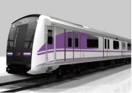 丸紅と東芝がタイ・バンコク市の都市鉄道「パープルライン」向けに初出荷した車両のイメージ。（両社の発表資料より）