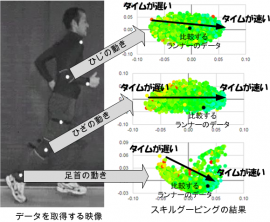 ひじ、ひざ、足首の動きデータに対し、マラソンタイムを色で割り付けると傾向が現れた。データ間距離を使うと、目標とするスキルへの「影響度」を数値化できる。（筑波大学の発表資料より）