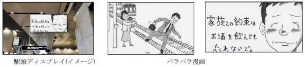 JR西日本は11月21日から「冬期のホーム転落防止キャンペーン」を実施する。写真は、キャンペーン中に掲出される駅頭ディスプレイのイメージと、キャンペーンに使用されるパラパラ漫画（JR西日本の発表資料より）