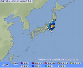 気象庁が公開した各地の震度を示す図（16日21時26分発表、気象庁Webサイトより）。
