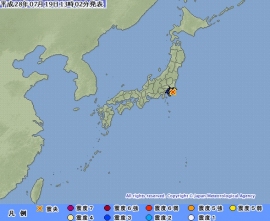 19日12時57分ごろ、関東地方で震度4の地震があった。写真は、気象庁がWebサイトで公開した震源地と各地の震度を示す図。