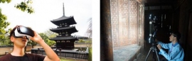 （左）HMDによる体験イメージ、（右）三重塔内撮影風景（凸版印刷の発表資料より）