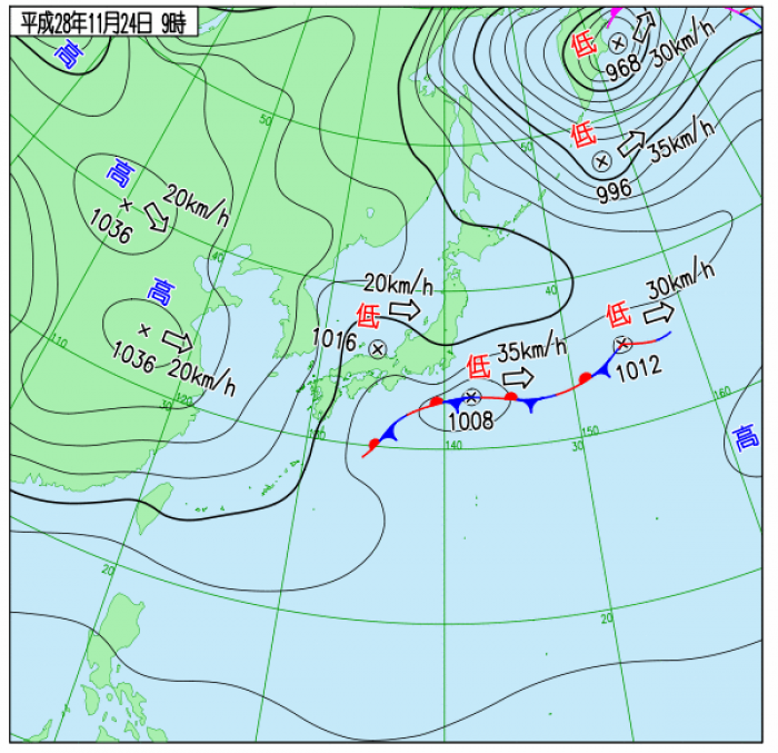 24日午前9時の日本列島の天気図。（気象庁ホームページより）