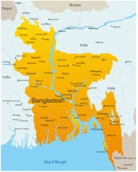 バングラデシュ。中央あたりに首都ダッカ（Dhaka）がある。