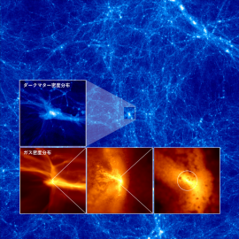 シミュレーションより得られたブラックホール形成時のダークマター分布（背景）とガス分布（内側下３パネル）。（画像：東京大学発表資料より）