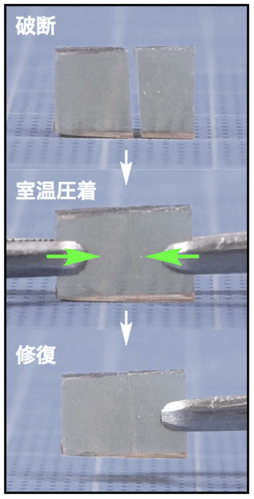 特別な高分子材料からなる「室温で圧着修復するガラス」。（画像：東京大学発表資料より）