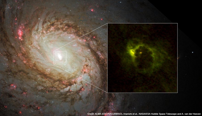 ハッブル宇宙望遠鏡が撮影した渦巻銀河M77の中央部と、アルマ望遠鏡が観測したそのさらなる中心部分。 （画像：国立天文台発表資料より）