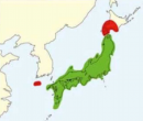 ニホンジネズミの分布図。緑色は自然分布、赤は人為分布と考えられている。（The Wild Mammals of Japan. Second edition （Ohdachi et al., 2015） （松香堂, 日本哺乳類学会）より）