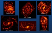PHANGS-ALMA計画で撮影された6つの渦巻銀河。星の材料となるガスが放つ電波をとらえており、渦巻状に広がるガス雲のようすが詳細に描き出されている。（C）ALMA （ESO/NAOJ/NRAO）; NRAO/AUI/NSF, B. Saxton