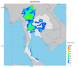 JAXAが開発したJASMINが示すタイの干ばつ指数(写真:JAXAの発表資料より) JAXAが開発したJASMINが示すタイの干ばつ指数(写真:JAXAの発表資料より)