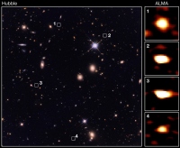 左が、今回観測をした領域のハッブル宇宙望遠鏡による画像。それぞれ何も写っていない場所に、アルマ望遠鏡では巨大星形成銀河の画像（右側）が撮影された。(c) 東京大学/CEA/国立天文台