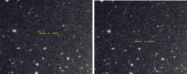 すばる望遠鏡で撮影された新たに発見された土星の衛星の1つ。左と右の画像の間は約1時間あり、背景の星や銀河は動いていないが、オレンジのバーで印がつけられた衛星は移動している。（画像: Photographs are courtesy of Scott Sheppard.）