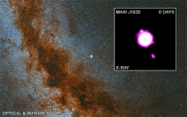 「MAXI J1820+070」の位置と撮影されたジェット。(c) X-ray: NASA/CXC/Université de Paris/M. Espinasse et al.; Optical/IR:PanSTARRS