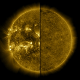 太陽の活動が極大となった時（左・2014年4月）と極小になった時（右・2019年12月）の比較。2019年12月はソーラーサイクル25の始まりと考えられている。(c) NASA/SDO