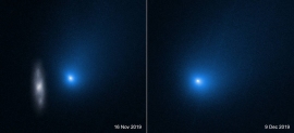 渦巻銀河の横を通過するボリソフ彗星と太陽に最も接近した際のボリソフ彗星　 (c) NASA