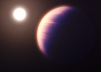 現在の研究に基づき、系外惑星 WASP-39bがどのように見えるかを描いたイラスト。