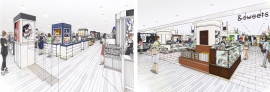 地下1階の売り場イメージ。左は化粧品売場、右は和洋菓子売場のイメージ（小田急百貨店発表資料より）