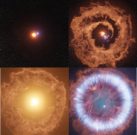 超新星爆発前後の想像図。（左上）画面中央のオレンジ色の星が将来超新星爆発を起こす。青色の星はその伴星。（右上）伴星との重力相互作用によって爆発直前（爆発の約1500年前）に星周物質がばら撒かれる。（左下） 超新星爆発の瞬間。（右下）爆発で飛び散った星の残骸が時間差で星周物質に届き、約1年後以降に電波再増光として観測された。(c) ALMA (ESO/NAOJ/NRAO), K. Maeda et al.