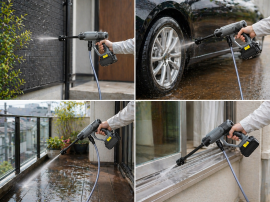 コードレス高圧洗浄機「POWER WASHER」の使用イメージ(画像:合同会社聖発表資料より) コードレス高圧洗浄機「POWER WASHER」の使用イメージ(画像:合同会社聖発表資料より)