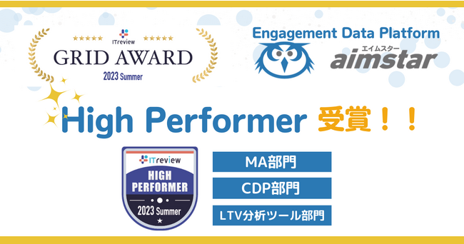 aimstar、「ITreview Grid Award 2023 Summer」のMA、CDP、LTV分析ツール部門で「High Perfomer」に選出