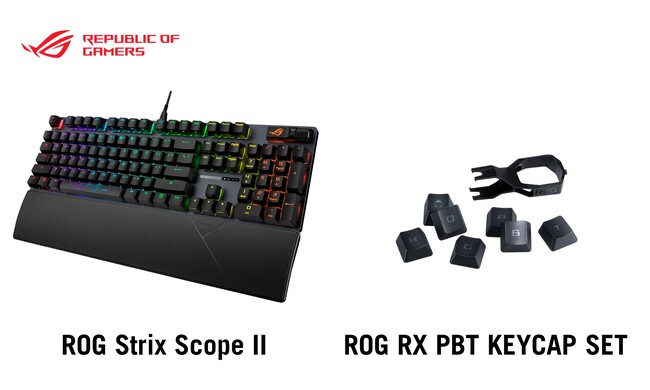 ASUSのゲーミングブランドのRepublic Of GamersよりNX Snow軸を採用したフルサイズキーボードとRX軸専用のPBT素材のキーキャップセットを発表