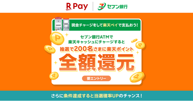 「楽天ペイ」、「セブン銀行ATMでチャージして全額還元のチャンス!」キャンペーンを実施