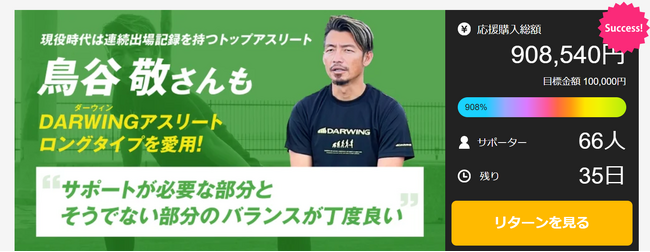 【達成率908%】元プロ野球選手鳥谷敬さんが愛用のアンダーウェア、特注サイズをリターンに追加