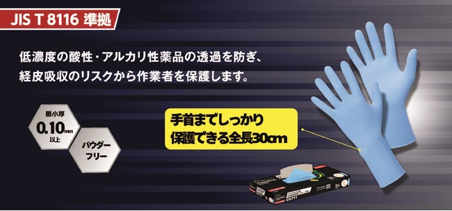 手首までしっかり保護できる!全長30cmのロングタイプ耐薬品手袋を新発売