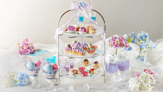 【新宿プリンスホテル】雨露きらめく紫陽花をスイーツとセイボリーで表現「きらめく紫陽花アフタヌーンティー」を販売