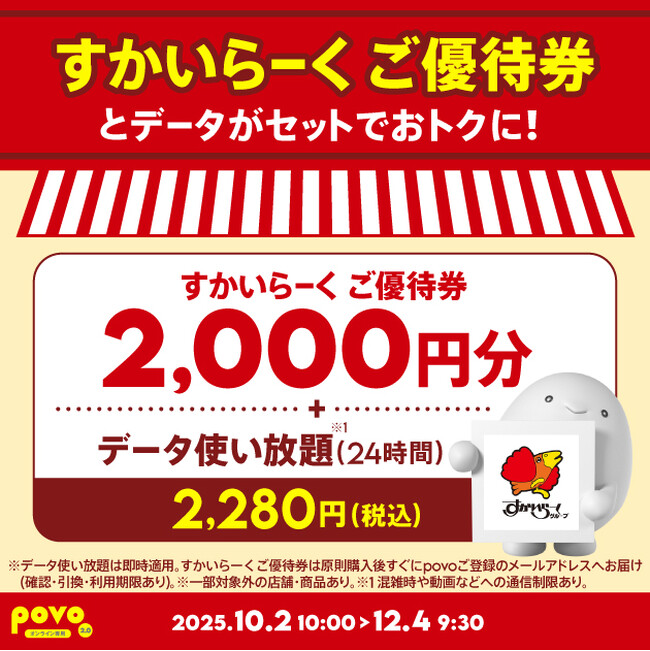 povo、「すかいらーく ご優待券」とデータがセットになったトッピングを期間限定提供