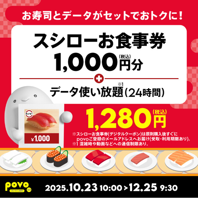 povo、「スシローお食事券」がセットのデータトッピングを期間限定提供