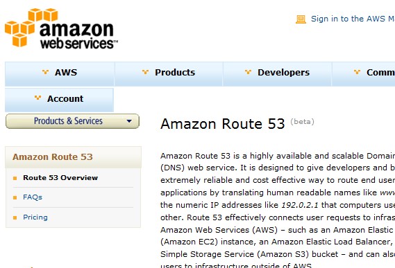Amazon Route 53のウェブページのスクリーンショット