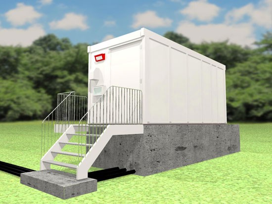 NECフィールディングが公開したモジュラーデーターセンターのイメージ図。6ラック収容タイプ（90KVA) 。本体外寸(mm)：6,000 ×2,500 × 2,737 ＝ 長さ（L）、幅（W）、高さ（H）

