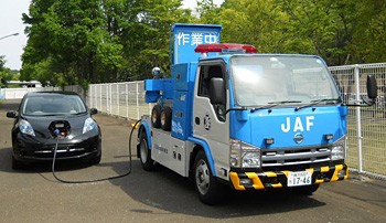 日産自動車と日本自動車連盟（JAF）は、電気自動車（EV）を充電する機能をもったロードサービスカーで、電池切れ（電欠）となったEVの救援を行う実証運用を開始すると発表した。