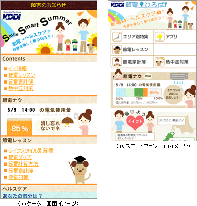 KDDIは家庭の節電への取り組みを支援する節電総合サービス「KDDI 節電ひろば」を提供すると発表した。写真は、情報ポータルサイトをauケータイで閲覧する際のイメージ図。