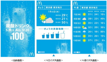 日本マクドナルドホールディングス＜２７０２＞（ＪＱＳ）の日本マクドナルドは、会員登録なく自由に使えるＡｎｄｒｏｉｄ搭載スマートフォン向け公式アプリケーション『マックｄｅ天気』を、７月６日（水）から１０月上旬まで、期間限定で提供している。