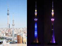『1/700 東京スカイツリー』（42,000円／税込）※写真中央：ライティングイメージ「粋」風、写真右：「雅」風（写真：バンダイ　提供）
