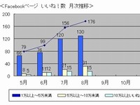 ネットマーケティングが公開したFacebookページ「いいね！」数の月次推移を示すグラフ。