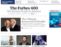 米経済誌フォーブスが21日発表した米国資産家400人の長者番付（2011年版）によると、米マイクロソフト創業者のビル・ゲイツ氏（55）が資産総額590億ドル（約4兆5,000億円）で18年連続の首位となった。写真は同誌米国資産家400人長者番付のウェブサイト。