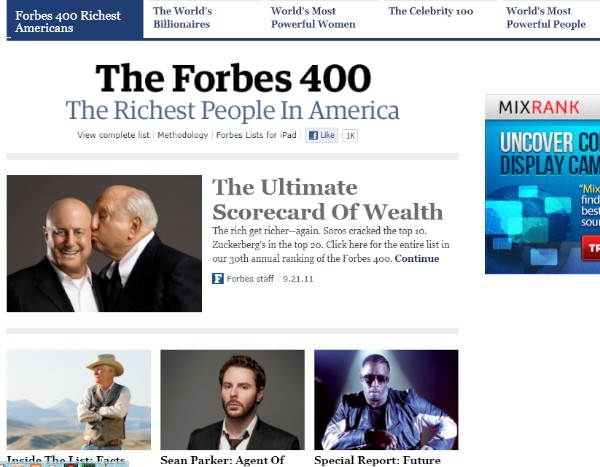 米経済誌フォーブスが21日発表した米国資産家400人の長者番付（2011年版）によると、米マイクロソフト創業者のビル・ゲイツ氏（55）が資産総額590億ドル（約4兆5,000億円）で18年連続の首位となった。写真は同誌米国資産家400人長者番付のウェブサイト。