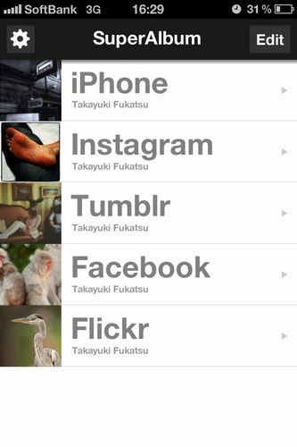 iPhoneアルバムアプリ「SuperAlbum」サービス選択画面（画像：Art＆Mobile）