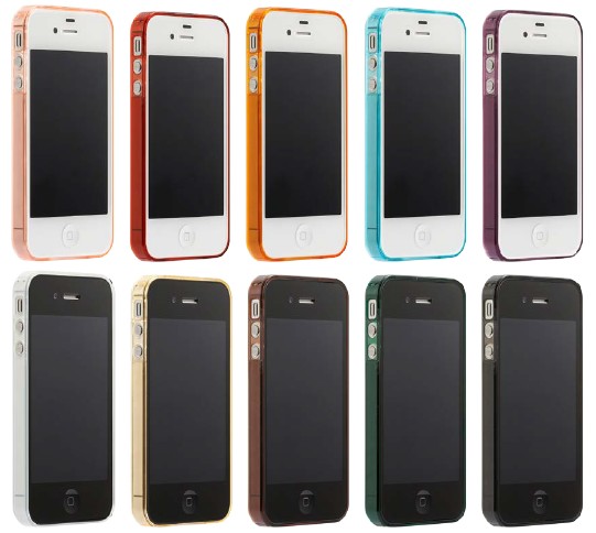 インタレップが公開した「iPhone 4S用ベーシックバンパー＆フィルムセット」の製品写真（上段左から：MOMO,AKANE,MIKAN,ASAGI,BUDOU/下段左から：HAKU,KINARI,KOGE,MIRUAI,SUMI）