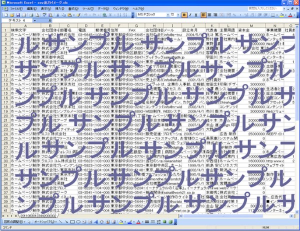 法人リストを自動作成するASPサービス「会社概要リスト化システム」で作成されたリストのサンプル